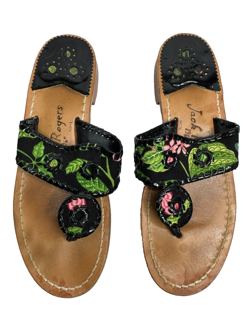 Jack Rogers Sandals Womens 7 Black Tropical Print Whip Stitch Flip Flop Thong
